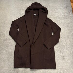Vince Sophie Yak Wool Open Front Long Hooded Sweater Dark Brown